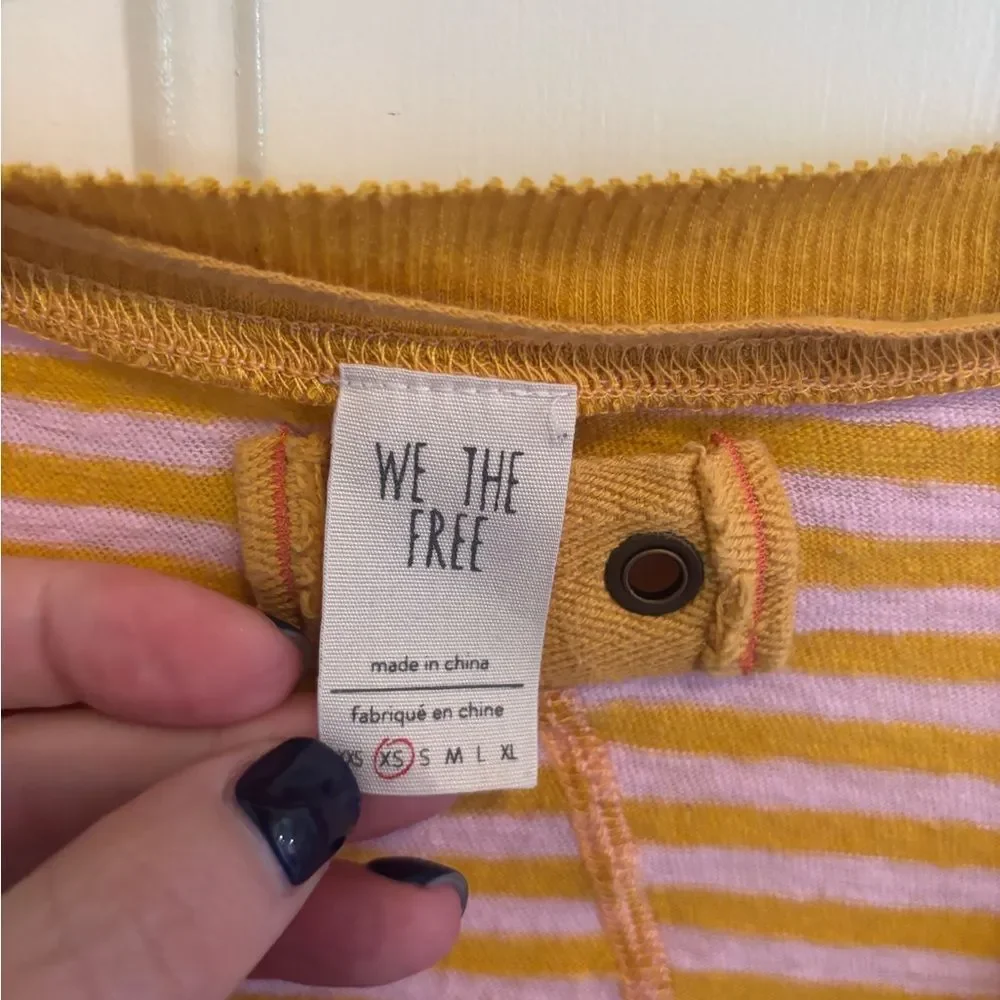 We The Free Yellow and Pink Striped V-Neck Oversized Short Sleeve Top